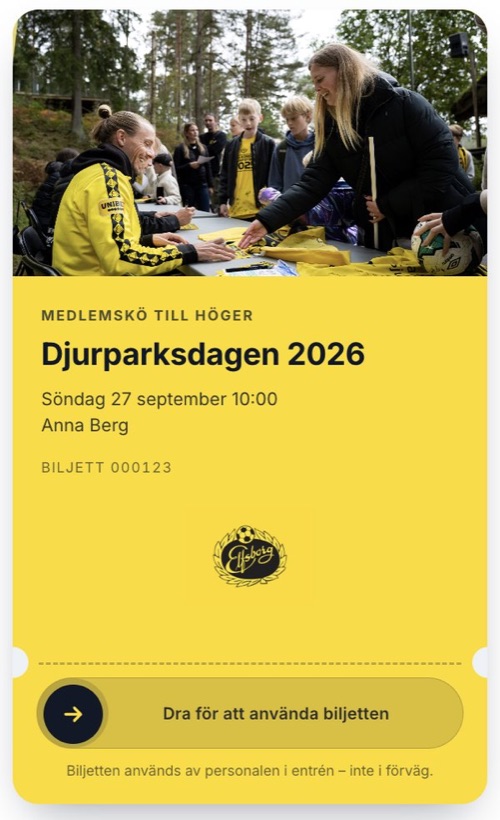 Digital biljett i iTarget: Djurparksdagen 2026 med reglaget Dra för att använda biljetten